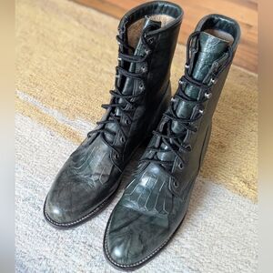 Vintage Justin Rare Leather Marbled Green Roper Lace-Up Boots Size 6B